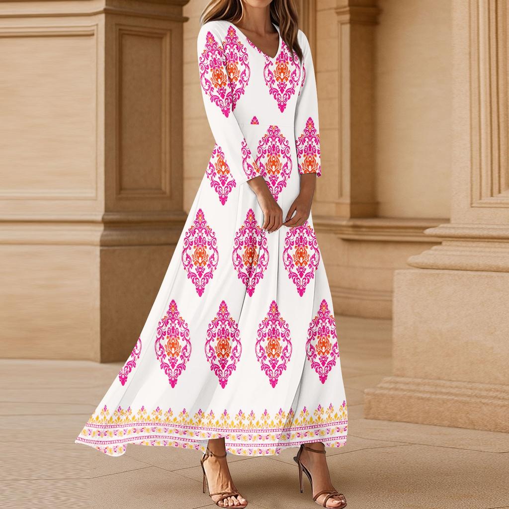 Dresses For Womens Vintage Tunic Waisted Midi Dress Summer Casual 3/4 Sleeve Dress