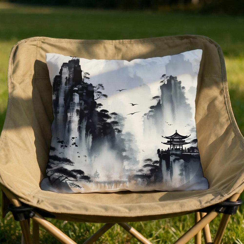 Chinese Ink Painting Style Cushion Cover Soft Reversible  Durable Pillow Cover  MultiScene Use for Home  Car Daily Comfort