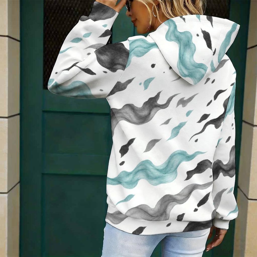Women Plus Size Abstract Printed Long Sleeve Drawstring Hood Kangaroo Pocket Pullover Hoodie