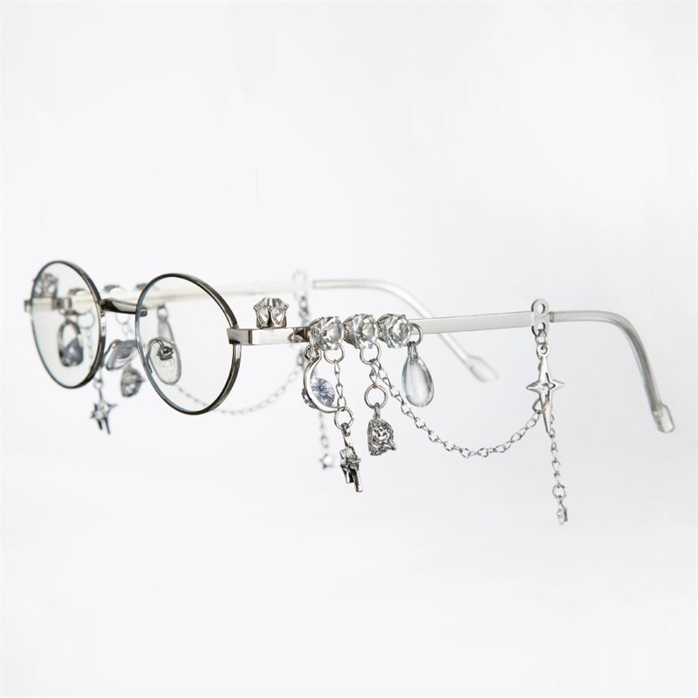 Y2K Retro Fashion Glasses with Chain Star Pendant Decor Lolita COS Silver Round Frame Spectacles for Women Aesthetic Accessories