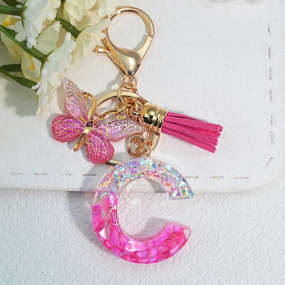 Gradient Pink Jewelry Letter Keyring Resin Letter Keychain with Fringe Butterfly DIY Bag Decoration Pendant Party Gift