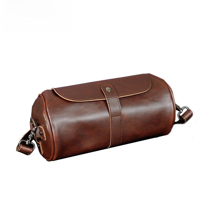 Korean Retro Crazy Horse Leather Men's Shoulder Messenger Bag - Trendy Cylindrical Design
