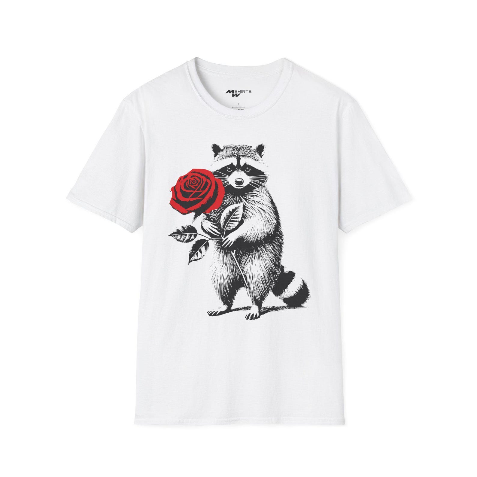 Romantic Raccoon Rose T-Shirt, Valentine Lover Tee, Gardener Gift L