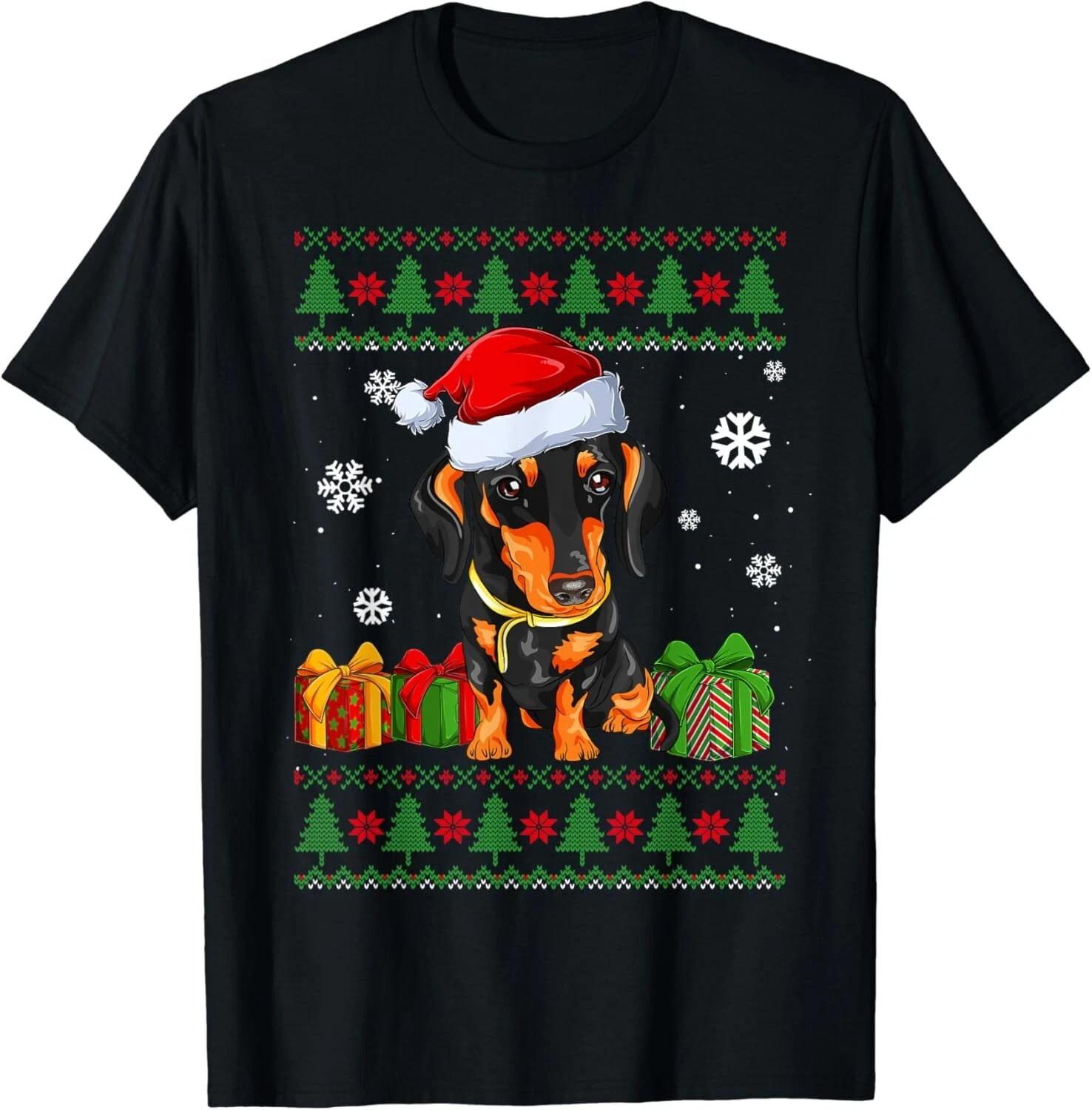 

Funny Dog lovers Dachshund Santa Hat Ugly Christmas Sweater Gift Unisex T-Shirt 3XL