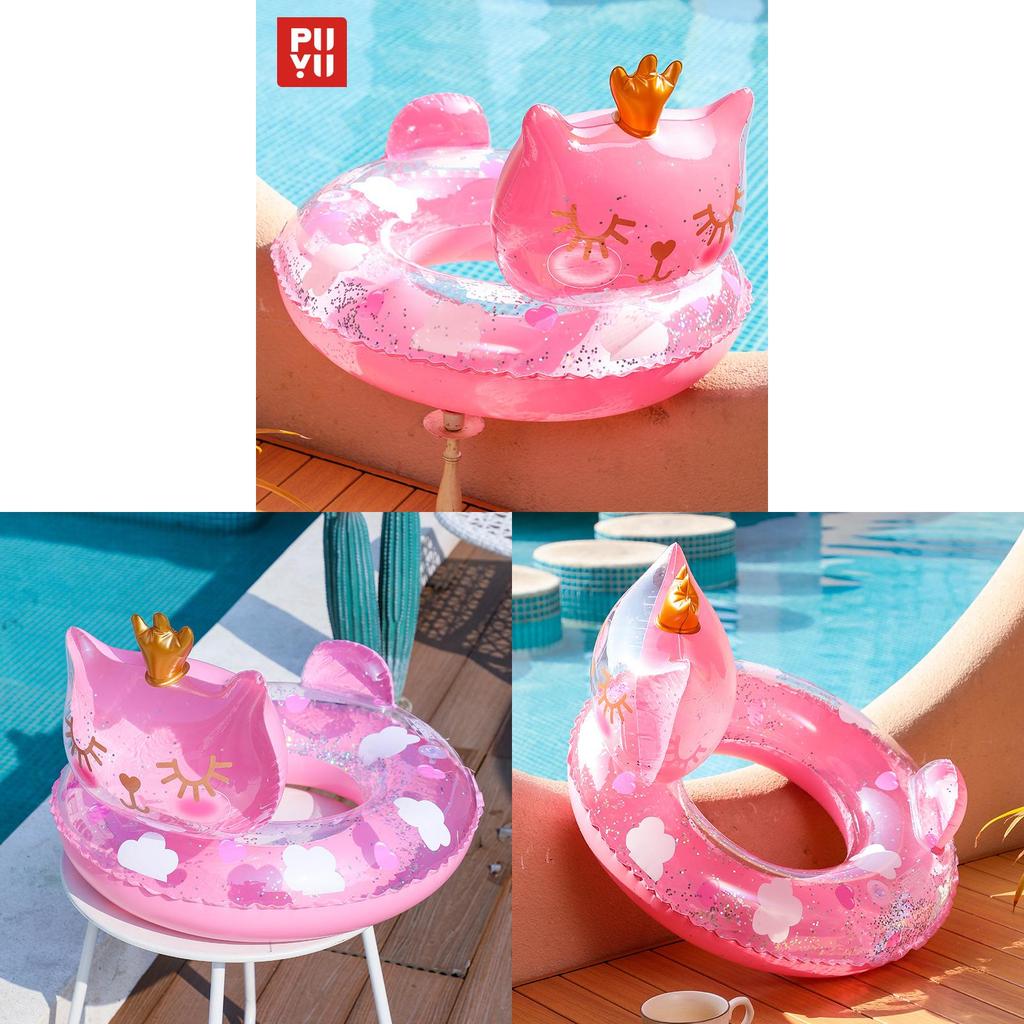 Cartoon Cat Shape Thickened Kids Inflatable Swim Ring For Toddlers With Sponge Bottom Pvc Material Ages 2-4