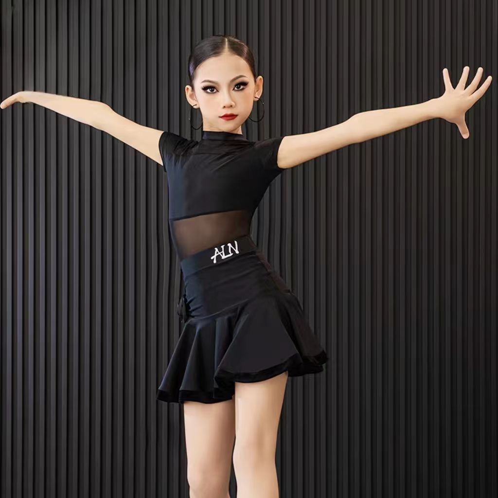 Children Latin Dance Dress for Girls Black Mesh Yarn Skirt Set Cha-cha Samba Rumba Training Performance Clothing