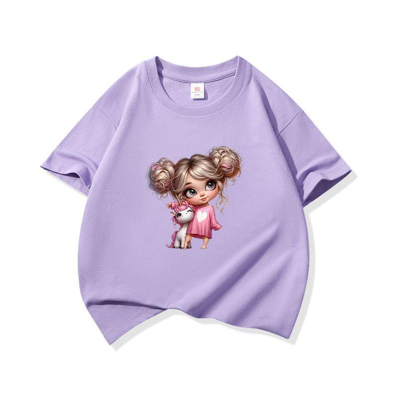 Kids Cotton T Shirt Charming Girl With Pink Unicorn Print Crew Neck Short Sleeve Tee Casual Boys Girls Summer Tops