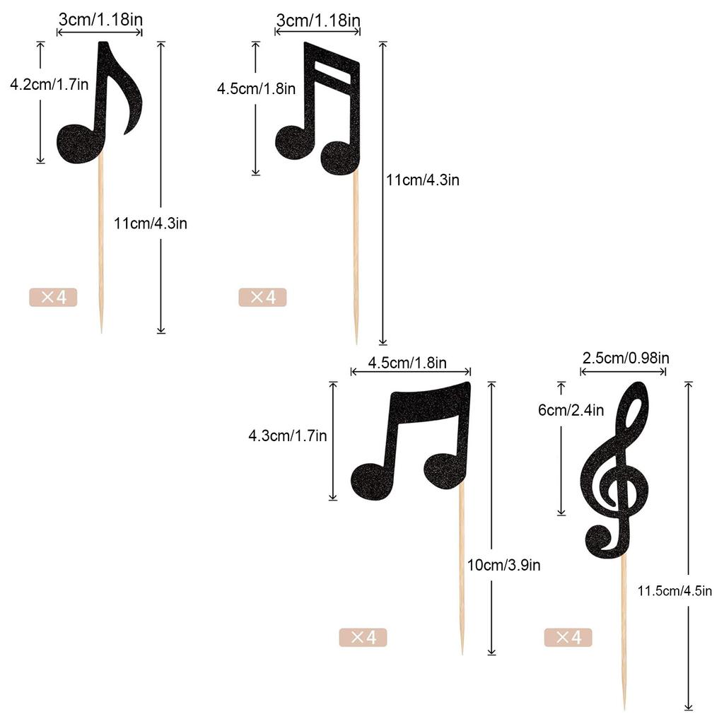 16PCS Music Notes Cupcake Toppers Black Glitter Musical Symbol Cupcake Picks for Rock Music Concert Theme Baby Shower Wedding B