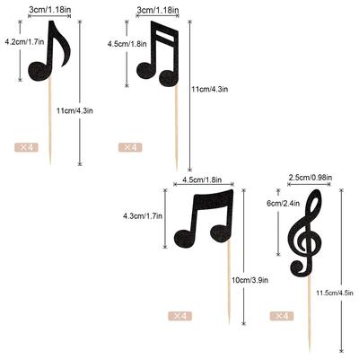 16 Stück Musiknoten Cupcake Topper Schwarzer Glitzer Musikalisches Symbol Cupcake Picks für Rockmusik Konzert Thema Babyparty Hochzeit B