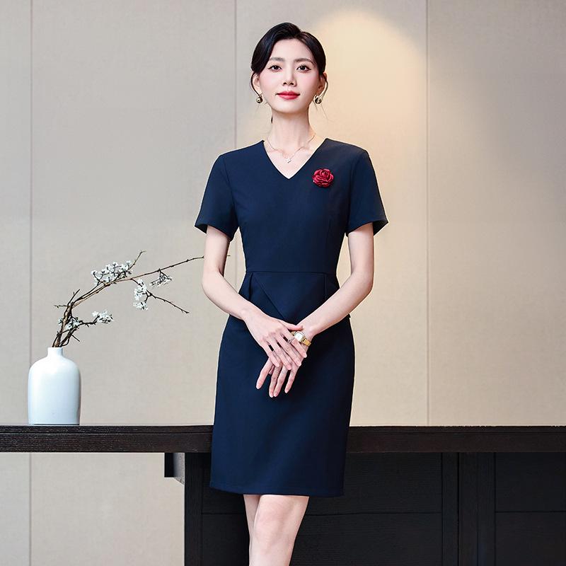 Women's Short-Sleeve Summer Waist-Cinching Workwear Dress for Jewelry Store or Salon