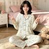 High-value imitation cotton long-sleeved pajamas women's spring and autumn new casual loose striped cardigan loungewear set