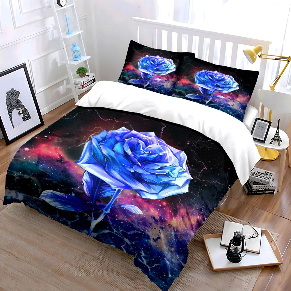 Blue Rose with Galaxy Art Bedding Duvet Cover Set Duvet Cover Pillowcases (1*Duvet Cover 2*Pillowcases, without duvet insert)