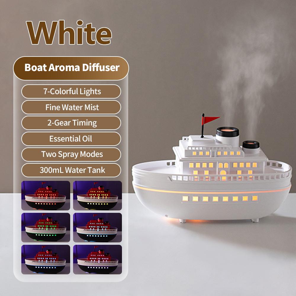 Dyfuzor Aromaterapii do Domu w Kształcie Łodzi z Kolorowymi Lampkami Nocnymi 300ml Cichy Ultradźwiękowy Nawilżacz Powietrza do Dekoracji Biurka Prezent Świąteczny
