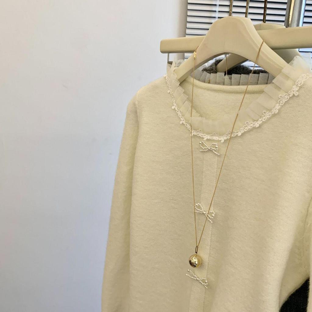 Korean Chic Lace Trim Round Neck Sweater Cardigan with Bow and Ruffle Edges for Women’s Autumn Winter Fashion.