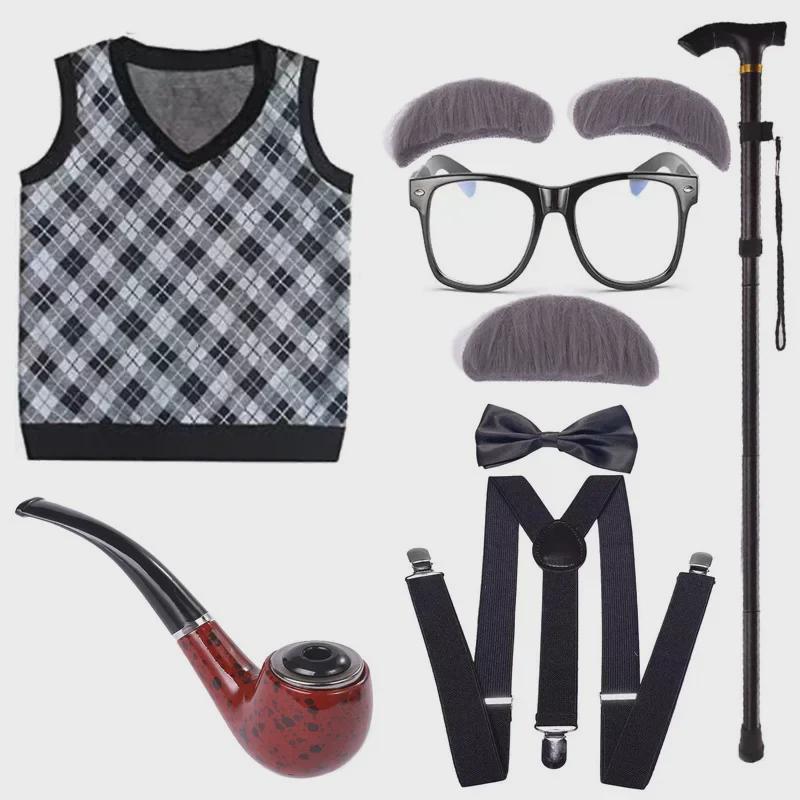 Children's Halloween Grandpa Costume Set with Beard, Scepter, Cigarette Holder, Vest, Bow Tie, and Dress Props for Performances.