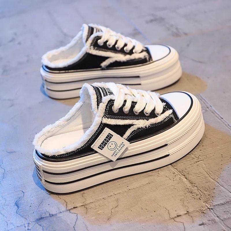 sponge cake canvas bag head half slippers women's summer wear 2025 new heelless platform white shoes lazy cloth shoes