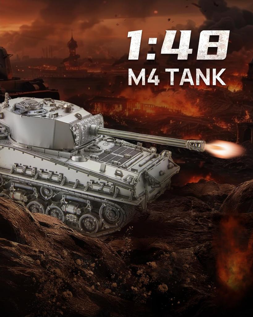 Piececool M4 Sherman Medium Tank 3D Puzzle Assembly No Glue Needed Difficulty 4 Stars Suitable for Adults Collectible (Metal) - Required, - Level