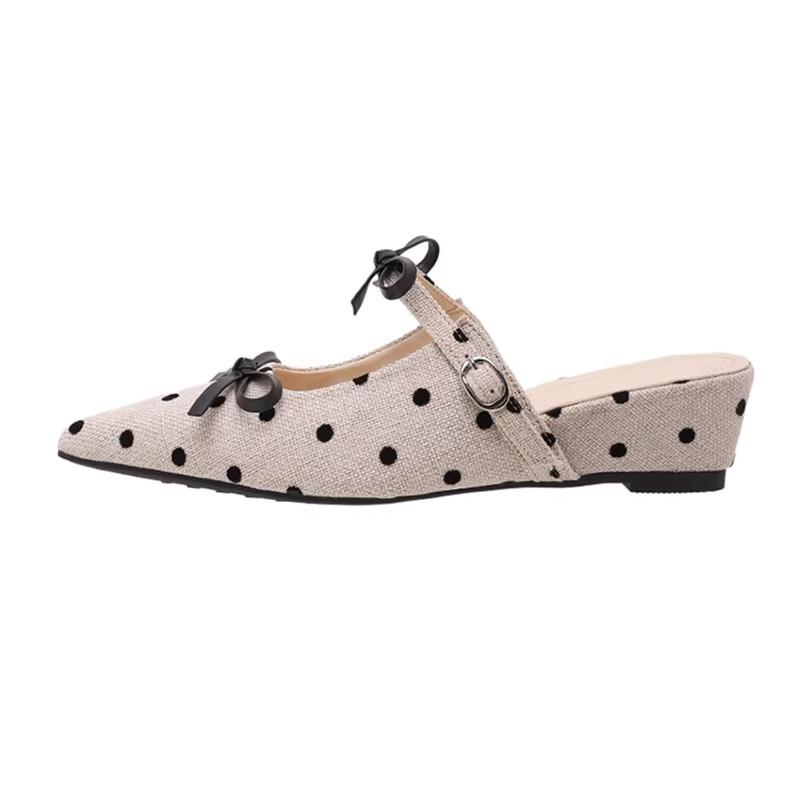 Polka dot bow pointed head bag head half slippers women's spring and summer outer wear feeling wedge heel single shoes