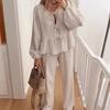European and American New Fashion Lantern Sleeve Lace-up Top Trousers Set Lace up Top and Pants Set