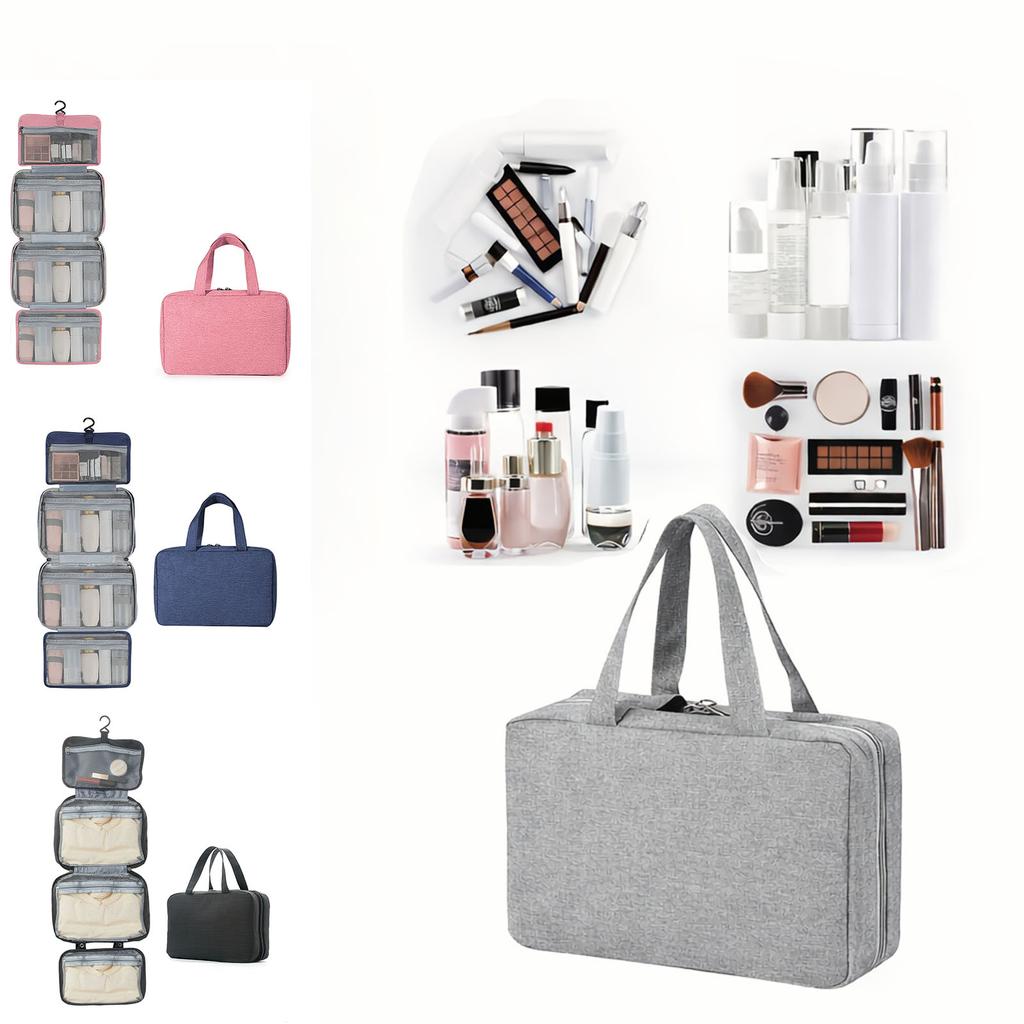 Portable Travel Cosmetic Bag Hanging Mesh Four Fold Toiletry Organizer with Multiple Compartments and Durable Zipper Closure for Bathroom Storage