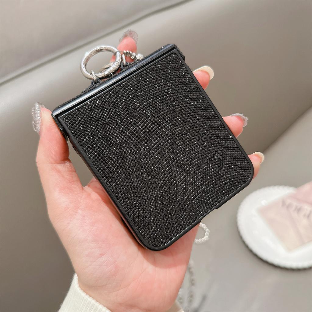 For Samsung Galaxy Z Flip7 FE 5G/Z Flip6 5G Case Hinge Protection Leather+PC Phone Cover with Crossbody Beaded Strap
