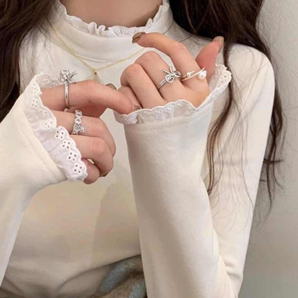 Women's Stylish Thermal Fleece Long Sleeve Lace T-Shirt, Slimming Warm Base Layer, Half-High Neck, Perfect for Autumn/Winter.