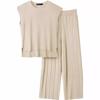 2026 Solid Color Knit Set: Sleeveless Top & Wide-Leg Crop Pants, Slim Fit, Round Neck