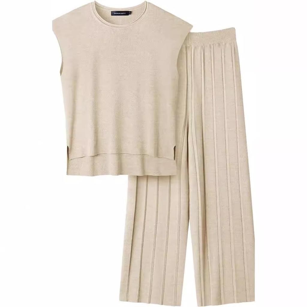 2026 Solid Color Knit Set: Sleeveless Top & Wide-Leg Crop Pants, Slim Fit, Round Neck