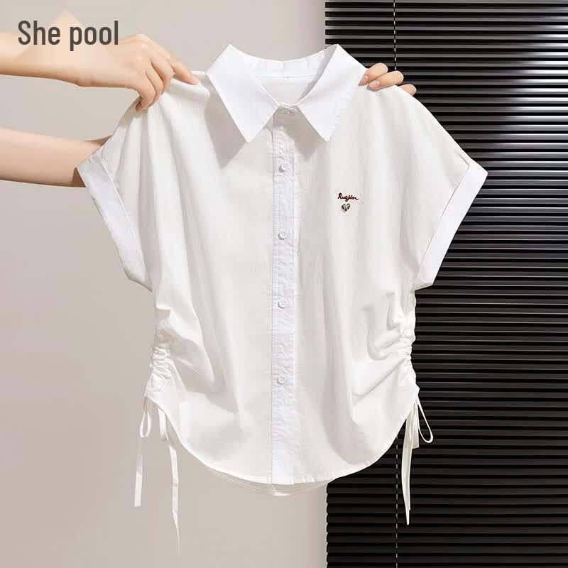 Elegant Embroidered Lapel White Blouse One Size