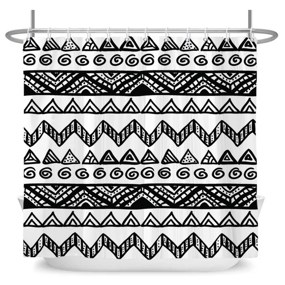 Art Boho Shower Curtain with Hooks Bohemian Bath Curtain Polyester Fabric Black and White Minimalist style Bathroom Curtains