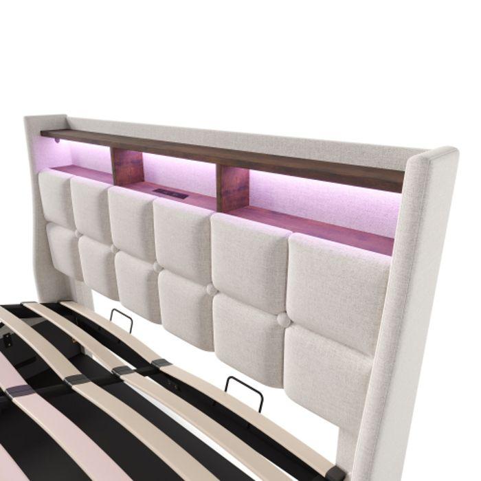 Lit Rembourré Avec USB 140x200cm, Lit Double LED Avec Cadre Métallique À Lattes, Cadre De Lit En Lin, (avec Matelas)