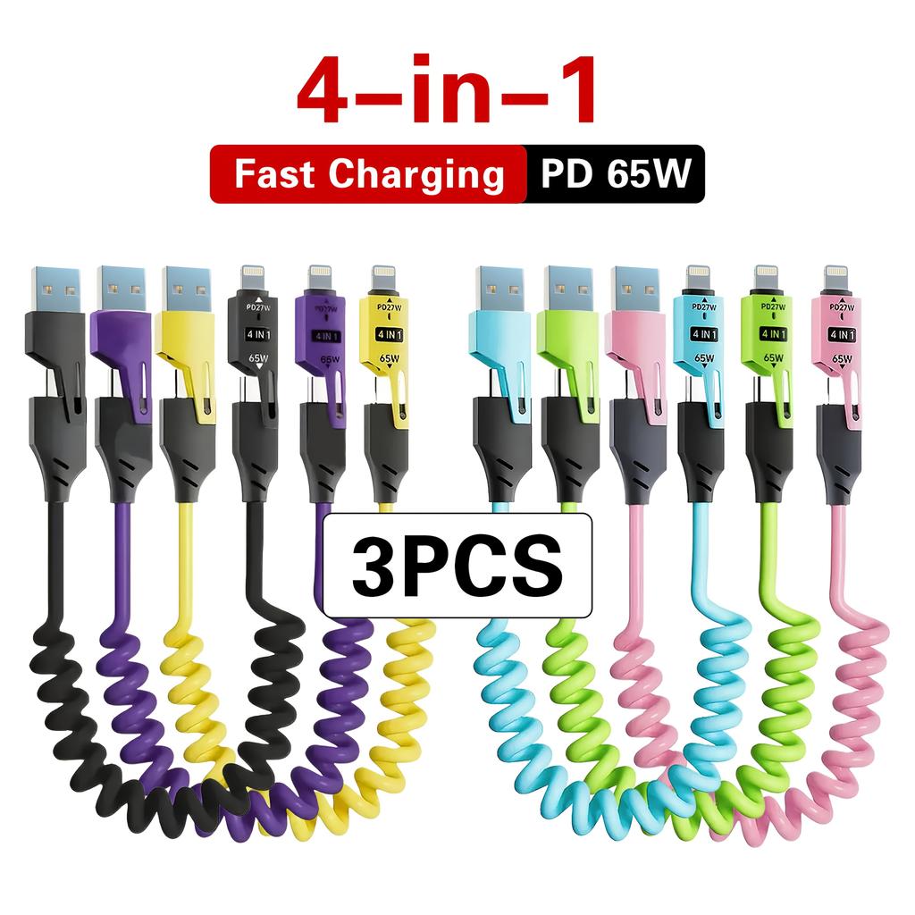 3pcs 4-in-1High-Speed Charging Cable USB Cable Travel Car Charging The Best Choice Spring Telescopic Charging Cable for SamSung Xiaomi for Huawei OPPO
