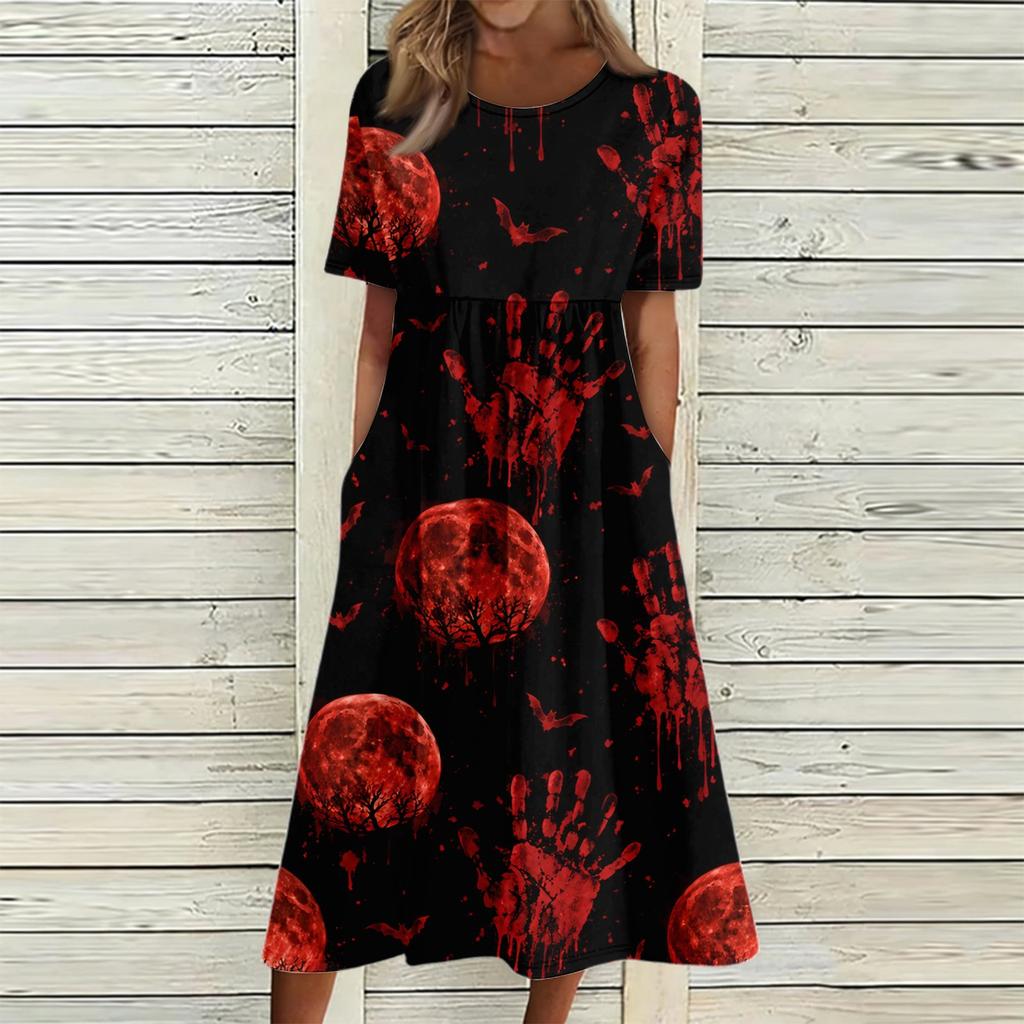 Women's Halloween Printed Casual Dress - Round Neck with Pockets, Relaxed Fit for Women