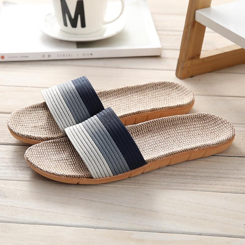 

Новые льняные тапочки «Четыре сезона» женские домашние тихие легкие с толстой мягкой подошвой для пар деревянный пол Men s 44-45 темно-синий