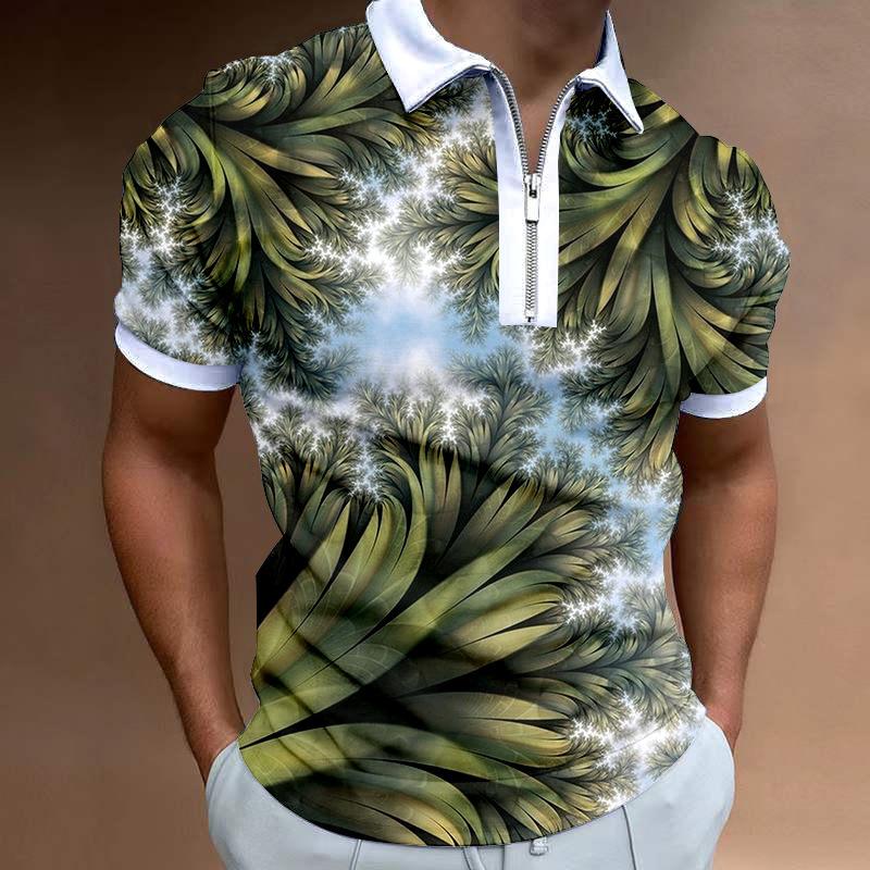 Trendy Abstract Graphic Zip Collar Short Sleeve Polo Shirt, Fashionable Casual Top