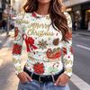 Women's Slim Fit Christmas Print Long Sleeve Neck T-Shirt for Holiday Casual Wear