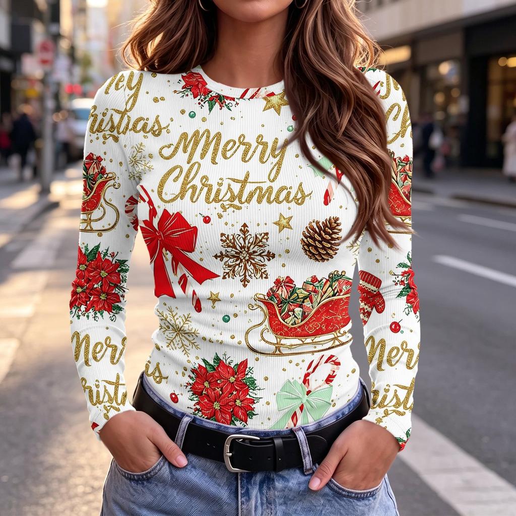 Women's Slim Fit Christmas Print Long Sleeve Neck T-Shirt for Holiday Casual Wear