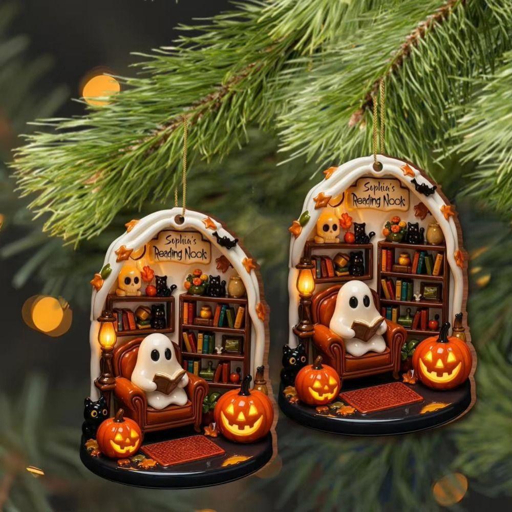 Flat Halloween Spooky Decorations Reading Ghost Acrylic Pendant Cute Halloween Hanging  Home Decor