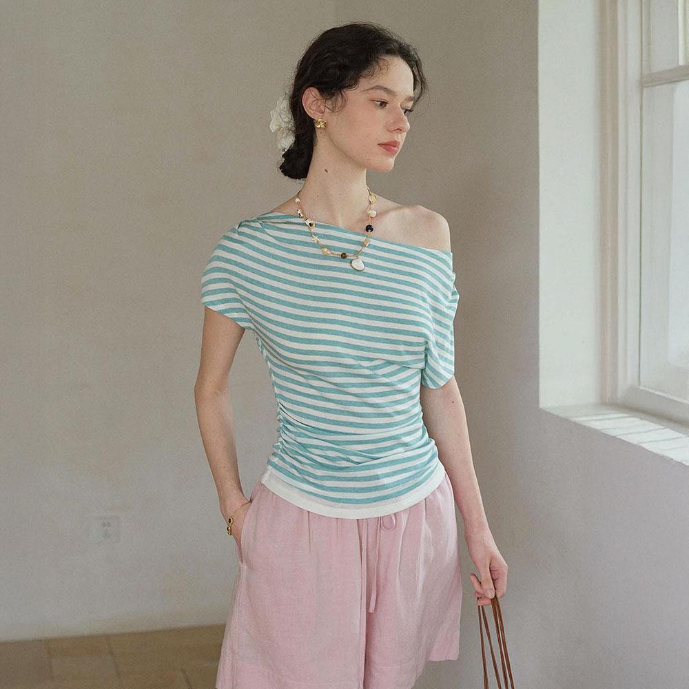 Simpeulleteulo Sr_Wavy Collar Striped Top_2Color