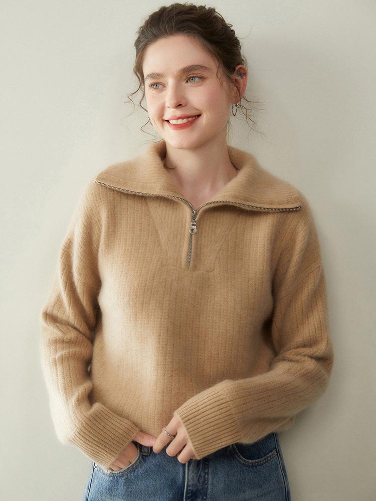 Women's Cashmere Stand Collar Zipper Sweater - Loose Fit Pullover & Cardigan