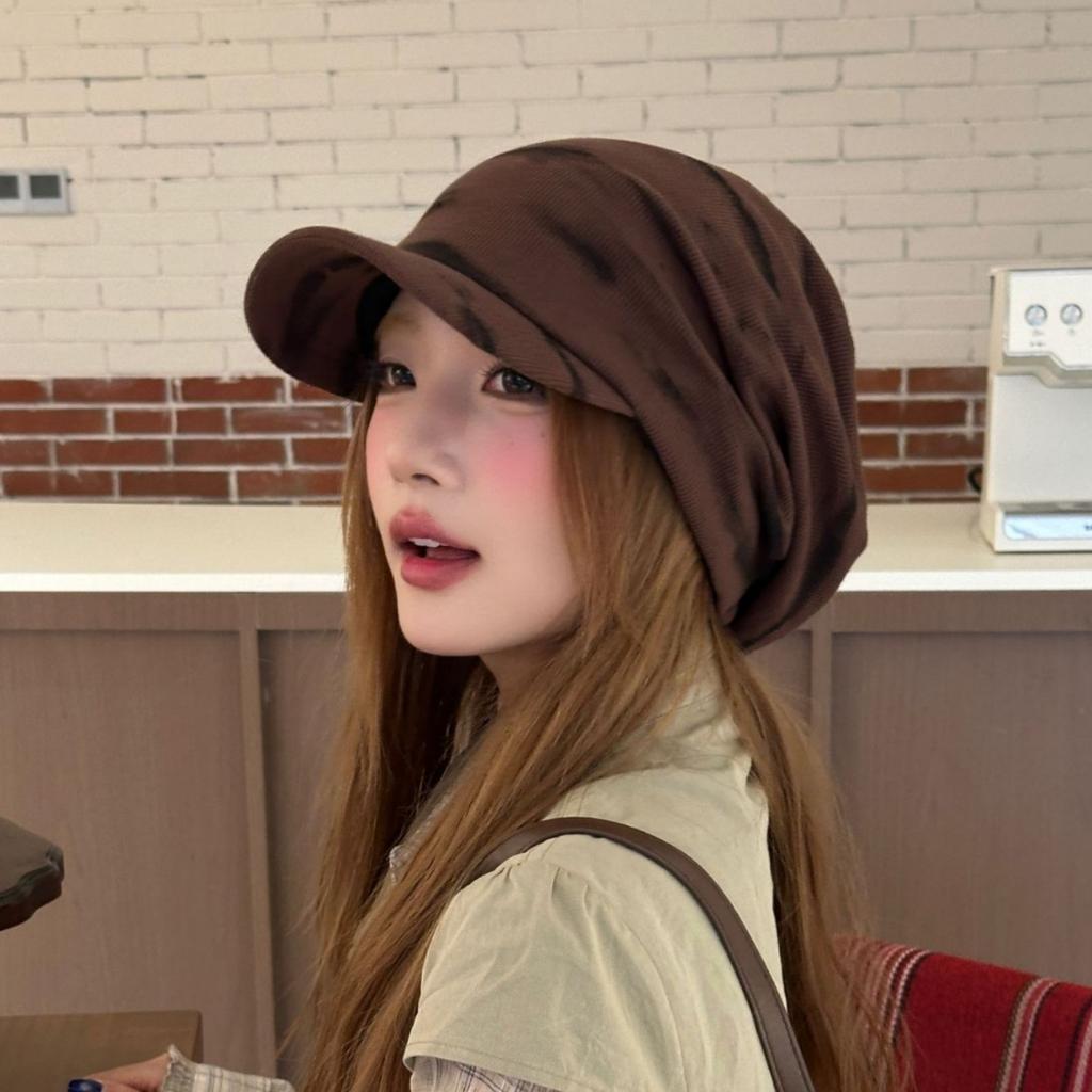 New tie-dye striped pleated piled cap women's big head circumference showing face small newsboy hat sunshade painter hat