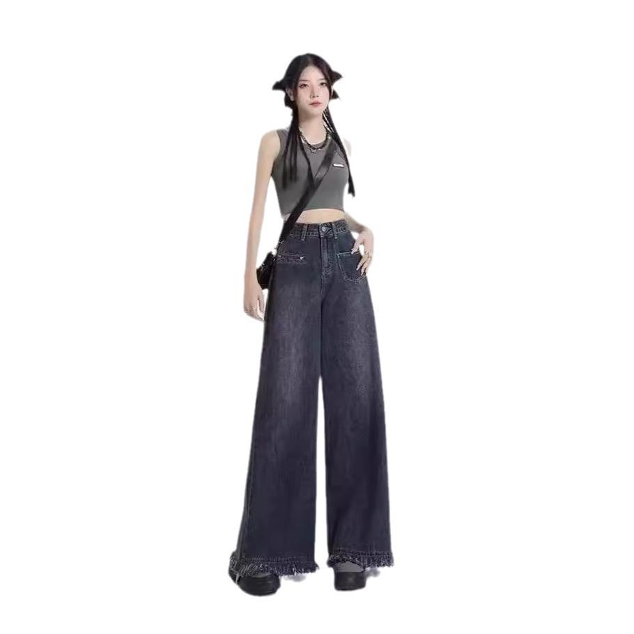 

Hong Kong Style High-Waisted Wide-Leg Jeans: Women s Autumn Flattering Fringe Design, Loose Straight-Leg Flared Floor-Length Pants XS