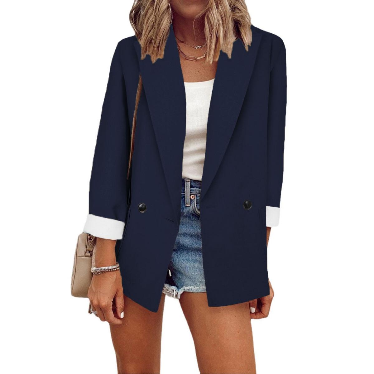 

Solid Color Blazer, Long Sleeve Casual Plain Blazer Jacket, European American Fashion Autumn Winter Outerwear XXXL темно-синього кольору