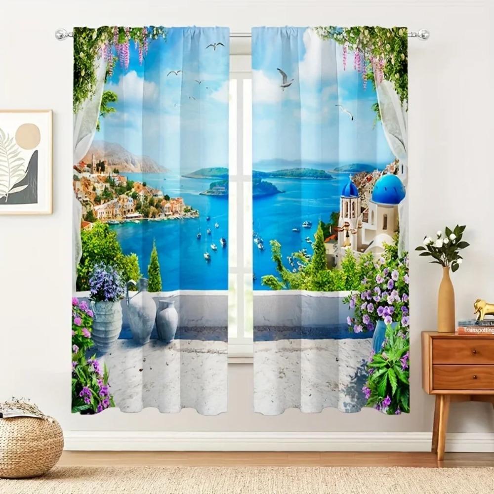 2 Panels Seaside Tropical Scenery Curtains Rod Pocket Curtain Suitable For Villa Resorts Farmhouse Living Room Bedroom Offices