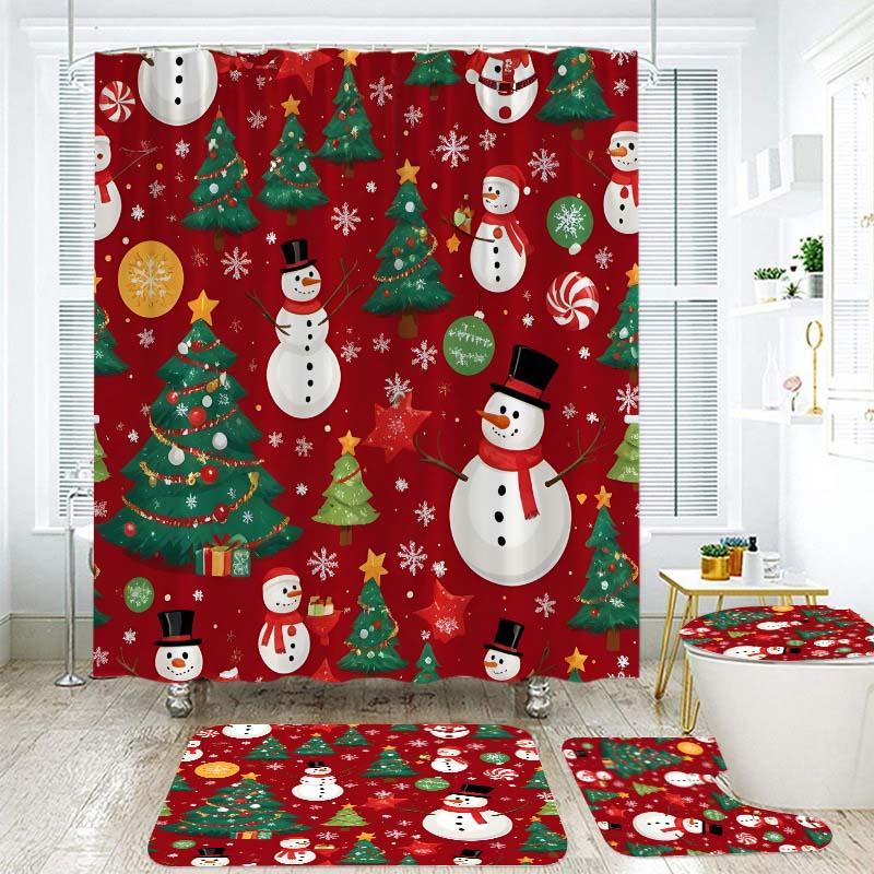 Weihnachtsgeschenke Badezimmer Duschvorhang Teppich Set Weihnachtsmann Schneemann Frohes Neues Jahr Polyester Duschvorhänge Badezimmer Dekor