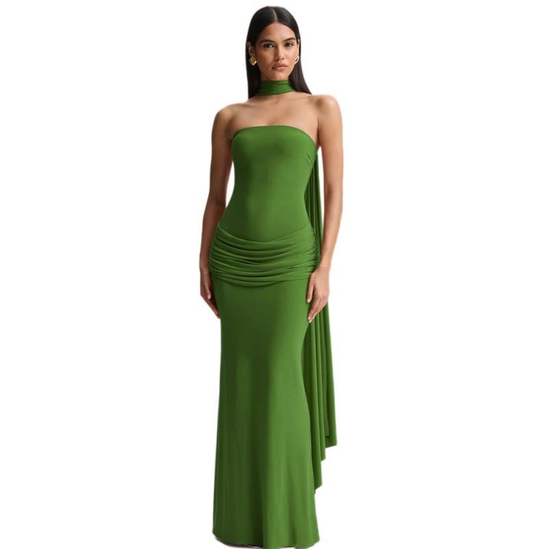 2026 Womens Elegant Solid Color Halter Neck Pleated Bodycon Dress Party Date Wear