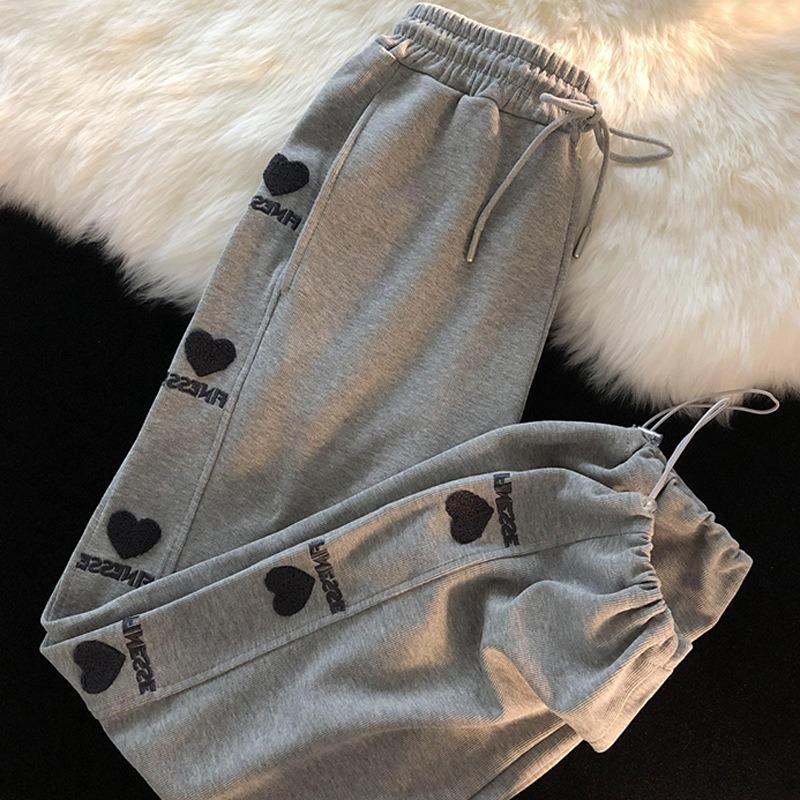 

Повседневные вышитые спортивные брюки женские бархатные с высокой талией широкие свободные штанины длинные брюки брюки для ванной 2XL серый