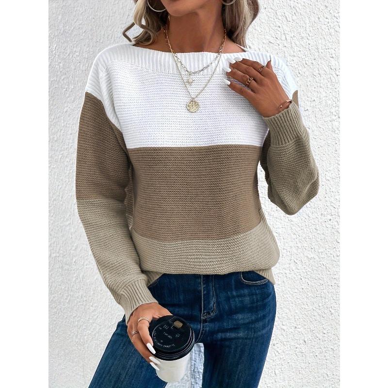 Autumn Winter Pullovers Loose Drop Shoulder Round Neck Color Matching Knitted Pullovers & Long Sleeves Ladies Sweater