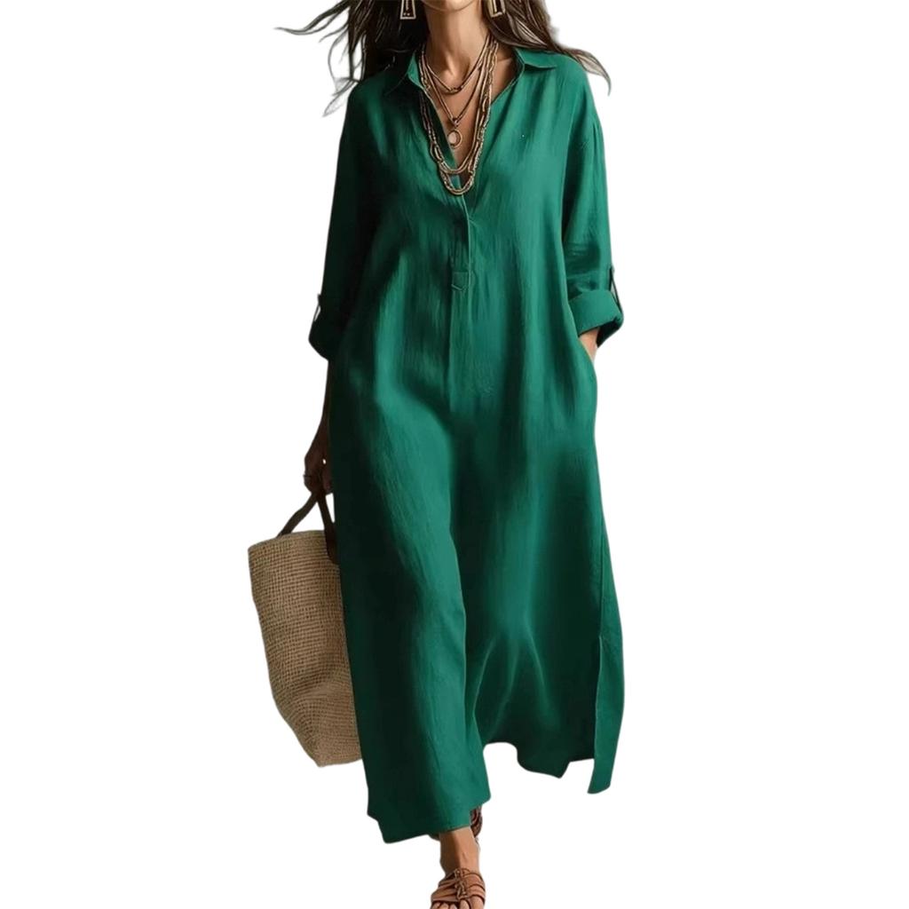 Damen Langarm Leinen Baumwolle Hemdkleid mit Kragen Entspannte Passform Lässig Frühling Sommer Maxikleid für den täglichen Gebrauch