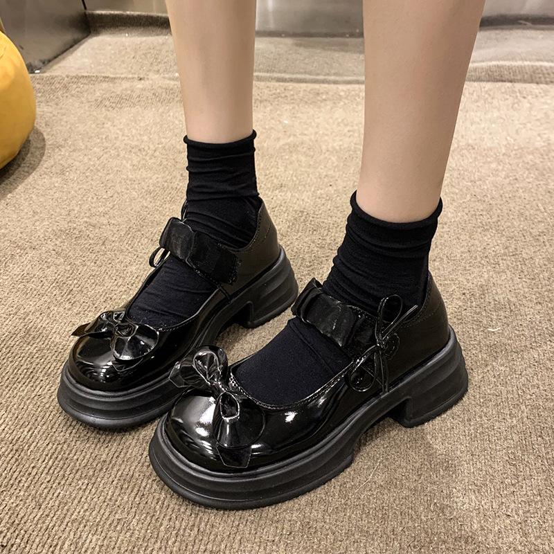 22 Uniform Thick Heel Medium Heel Light Mouth Mary Jane Shoes Bow Student Small Leather Shoes Japanese Bright Single Shoes